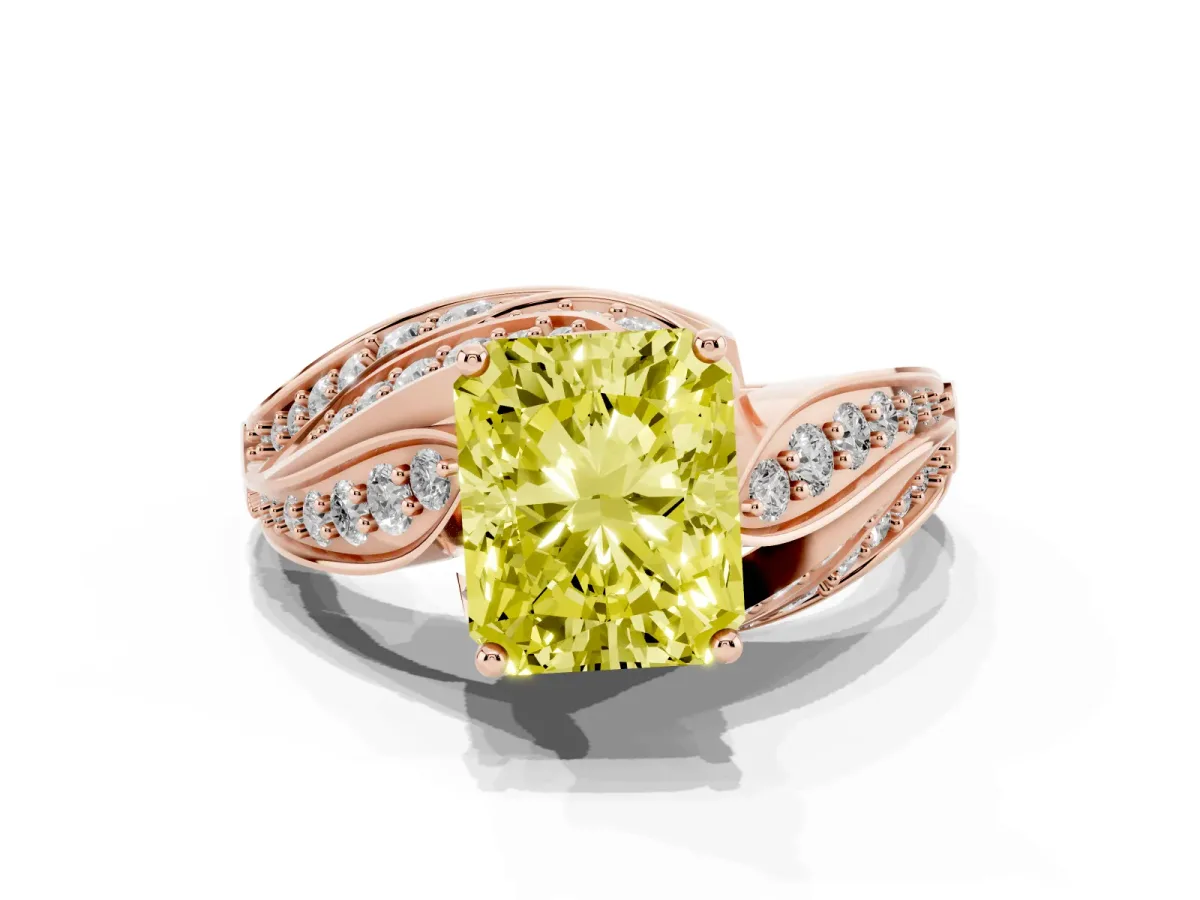 Fancy Yellow Radiant Cut Diamond Solitaire Ring with Prong Setting and Twisted Pavé Band Rose gold