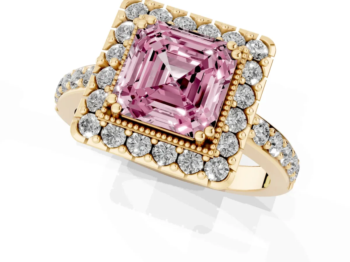 Fancy Pink Asscher Cut Diamond Halo Ring with Pavé Band and Prong Setting Yellow gold