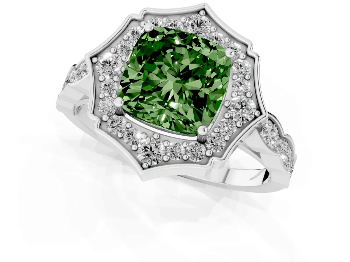 Fancy Green Cushion Cut Halo Diamond Engagement Ring with Milgrain Band and Four-Prong Setting White gold