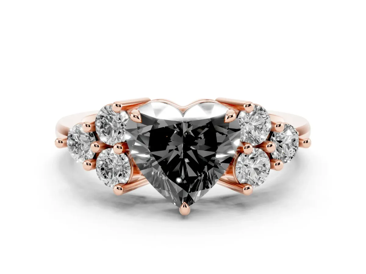 Fancy Black Heart Cut Brilliant Diamond Cluster Accent Solitaire Ring with Prong Setting Rose gold