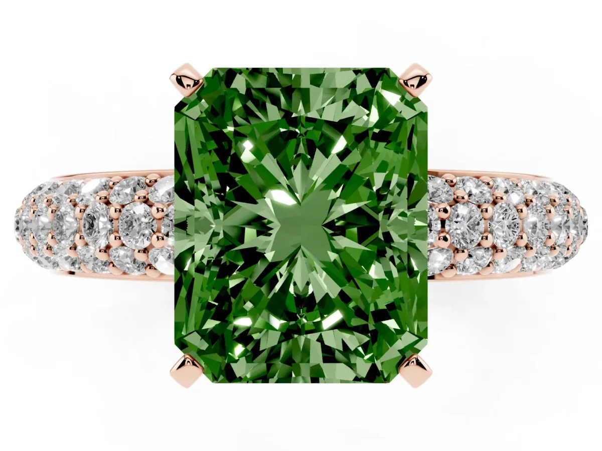 Fancy Green Radiant Cut Diamond Solitaire Ring with Prong Setting and Pavé Band Rose gold