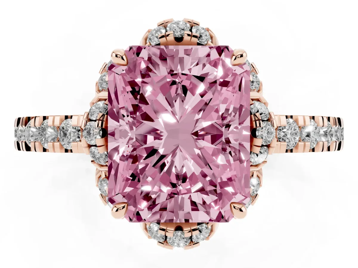 Fancy Pink Radiant Cut Diamond Halo Pave Band with Four-Prong Setting Rose gold