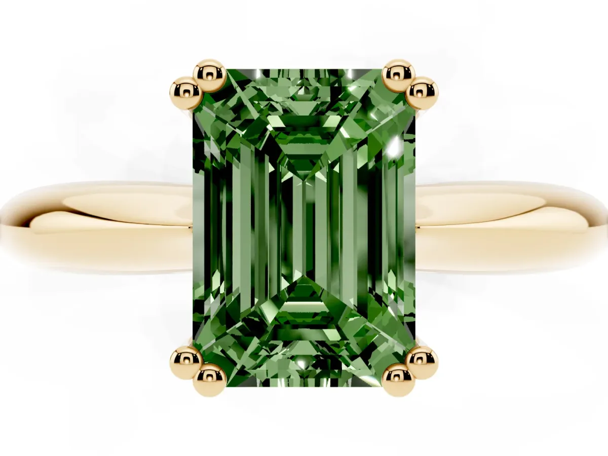 Fancy Green Emerald Cut Cut Solitaire Engagement Ring with Tapered Band and Four-Prong Setting Yellow gold