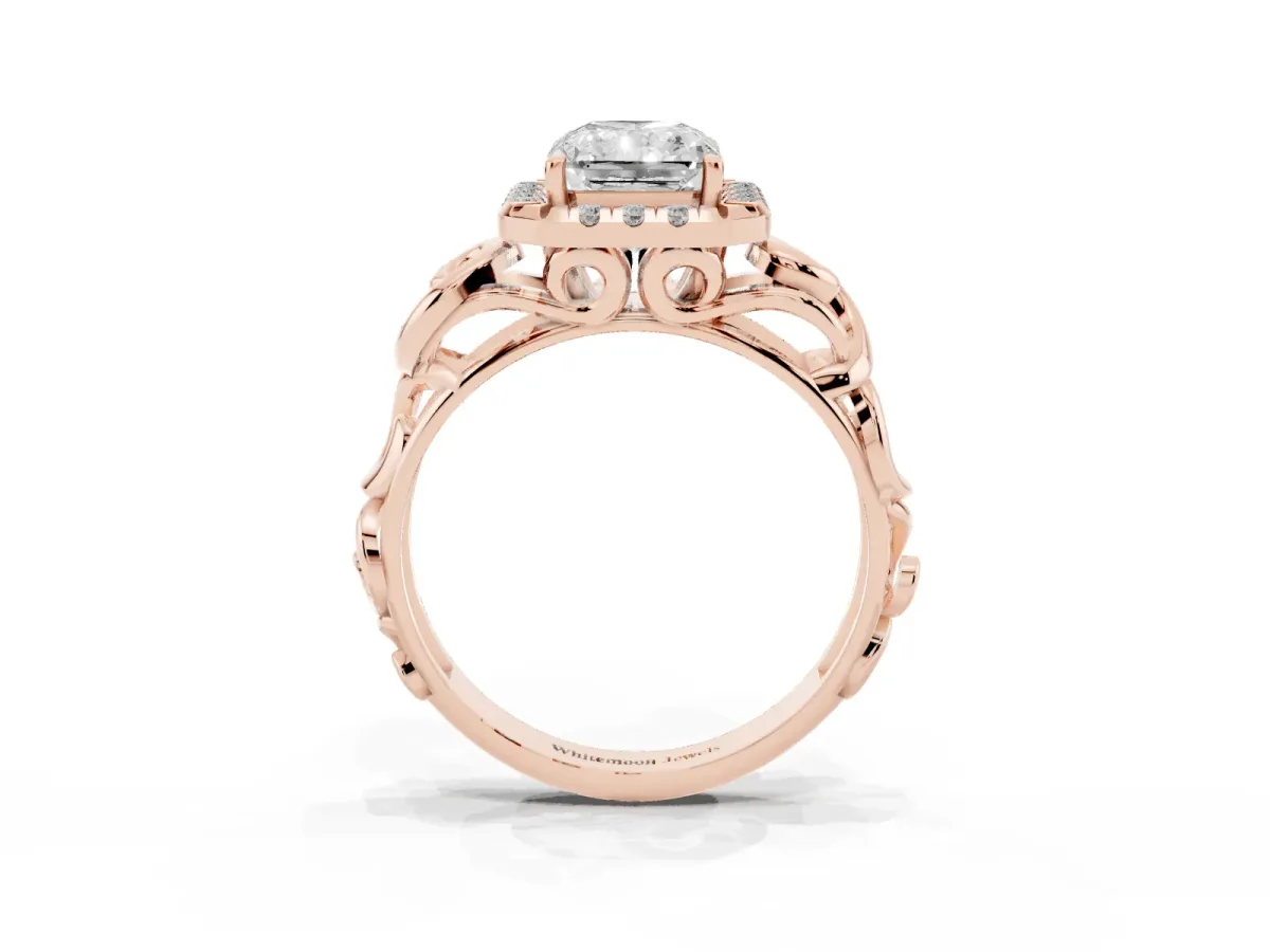 Radiant Cut Cut Halo Diamond Ring with Scrollwork Band and Four-Prong Setting Rose gold
