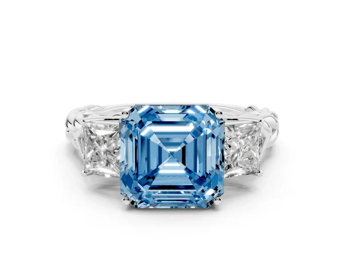 Fancy Blue Three-Stone Asscher Cut Diamond Braided Band Ring with Four-Prong Setting Platinum