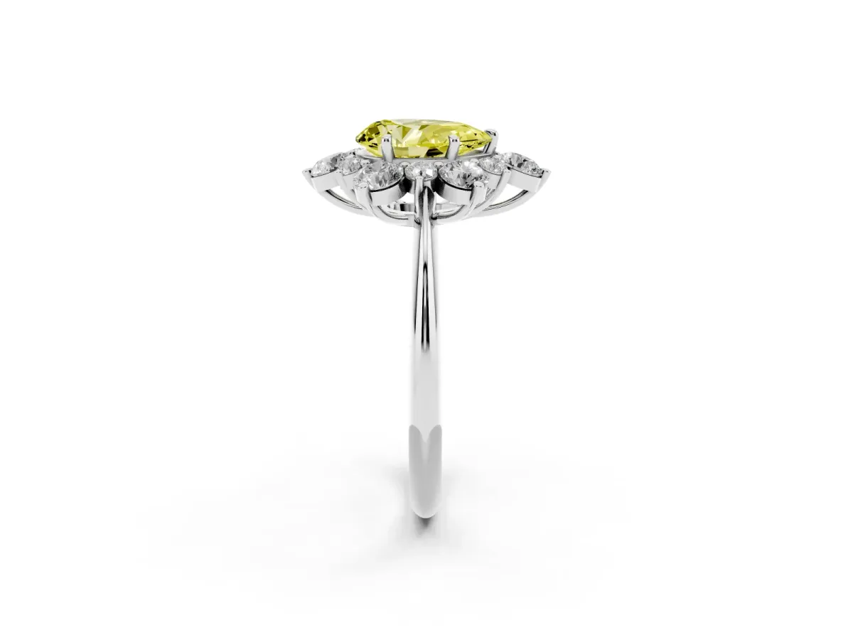 Fancy Yellow Pear Cut Diamond Cluster Halo Ring with Solitaire Band and Four-Prong Setting Silver