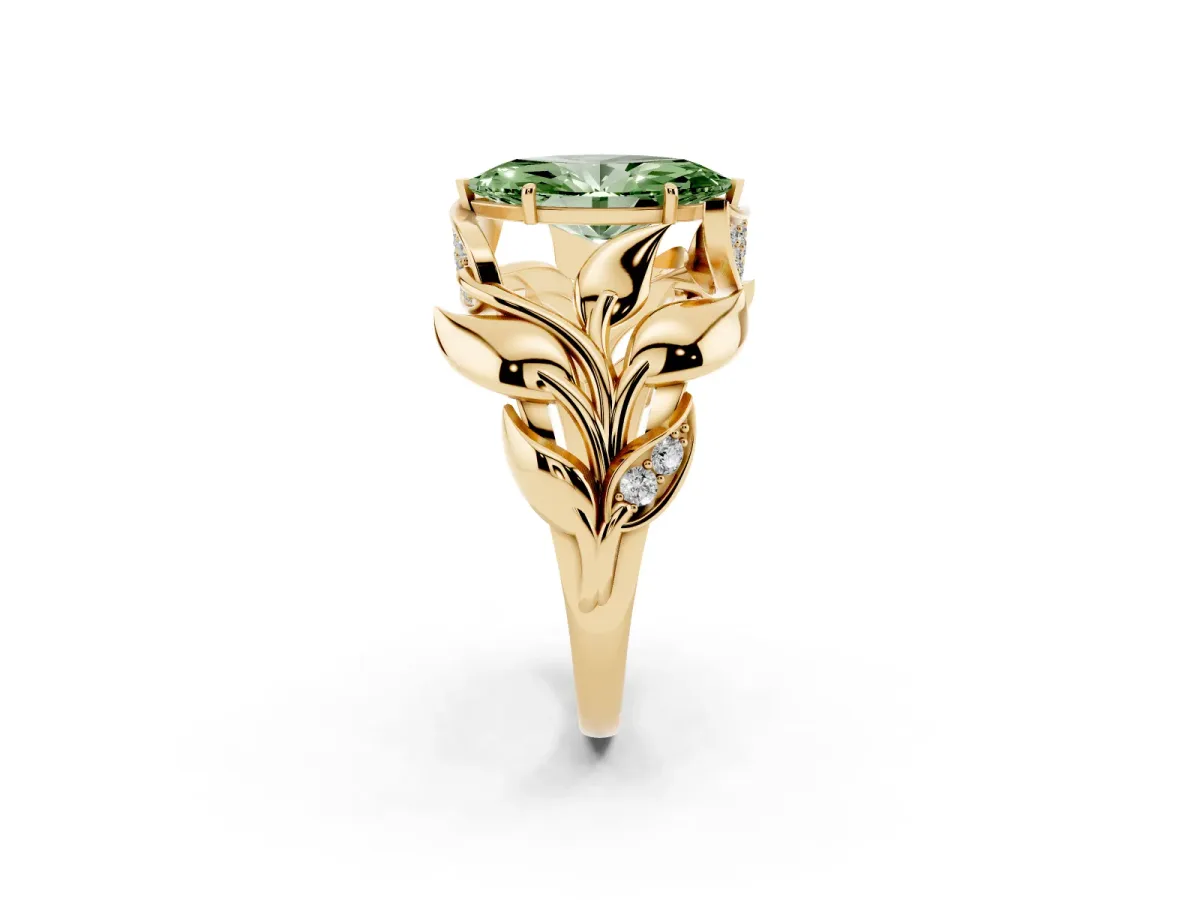 Fancy Green Marquise Cut Diamond Leaf-Inspired Engagement Ring with Round Accents and Prong Setting Yellow gold