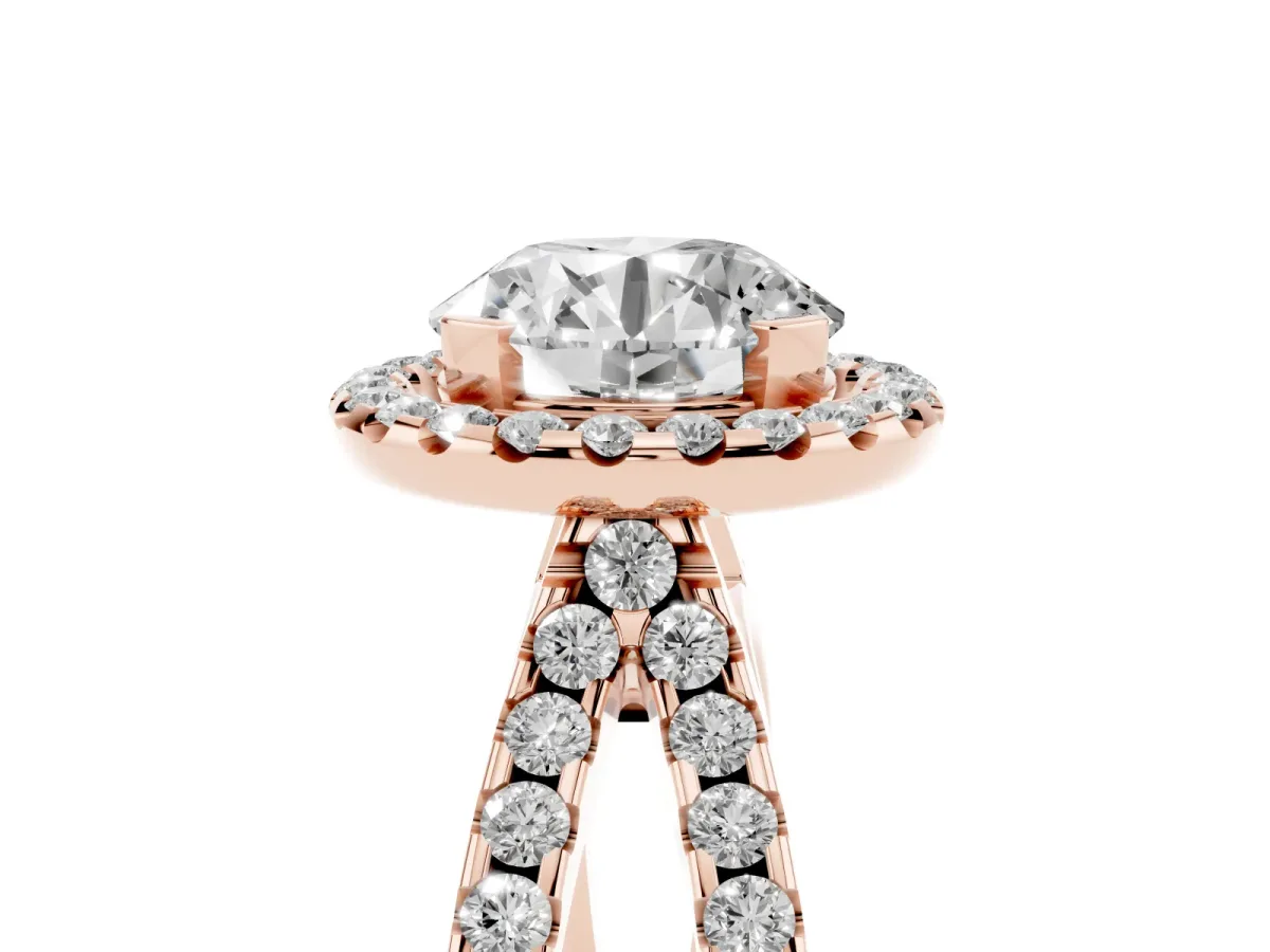 Round Cut Diamond Halo Ring with Split Shank Pavé Band and Prong Setting Rose gold