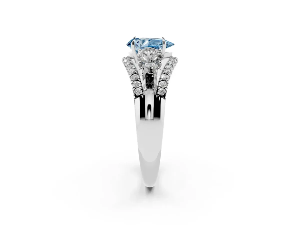 Fancy Blue Three-Stone Pear Cut Diamond Engagement Ring with Pave Band and Prong Setting Silver