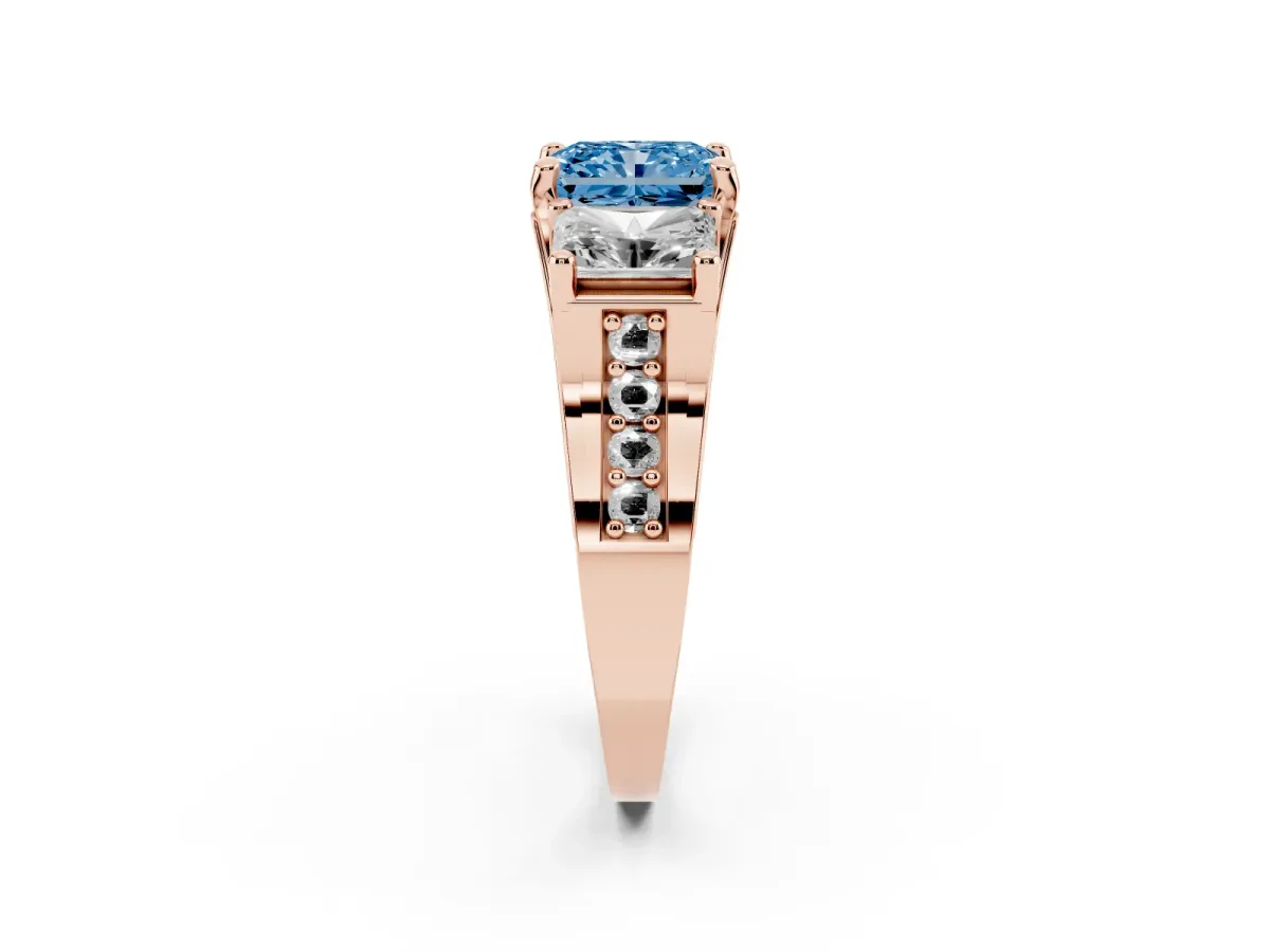 Fancy Blue Radiant Cut Diamond Three-Stone Ring with Channel Set Band and Four-Prong Setting Rose gold