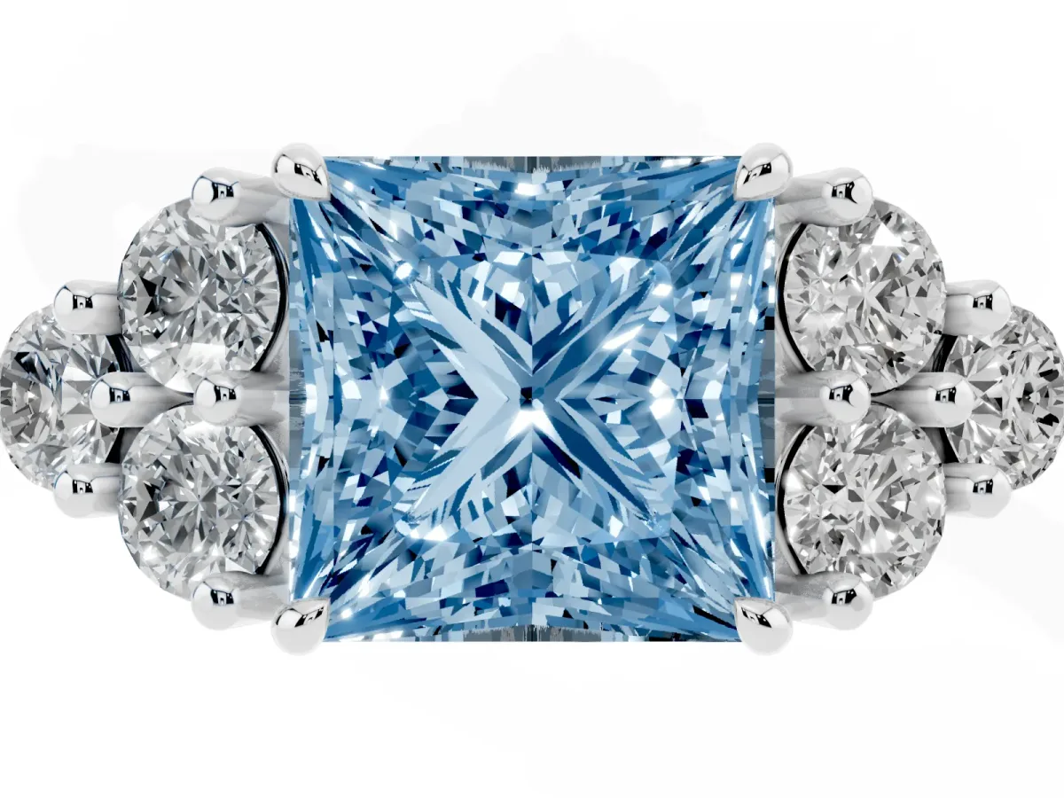 Fancy Blue Princess Cut Brilliant Diamond Cluster Accent Solitaire Ring with Prong Setting Platinum