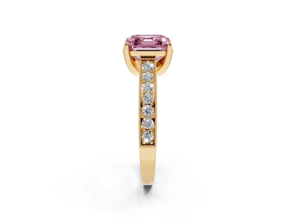 Fancy Pink Asscher Cut Cut Diamond Solitaire Ring with Milgrain Pave Band and Four Prong Setting Yellow gold