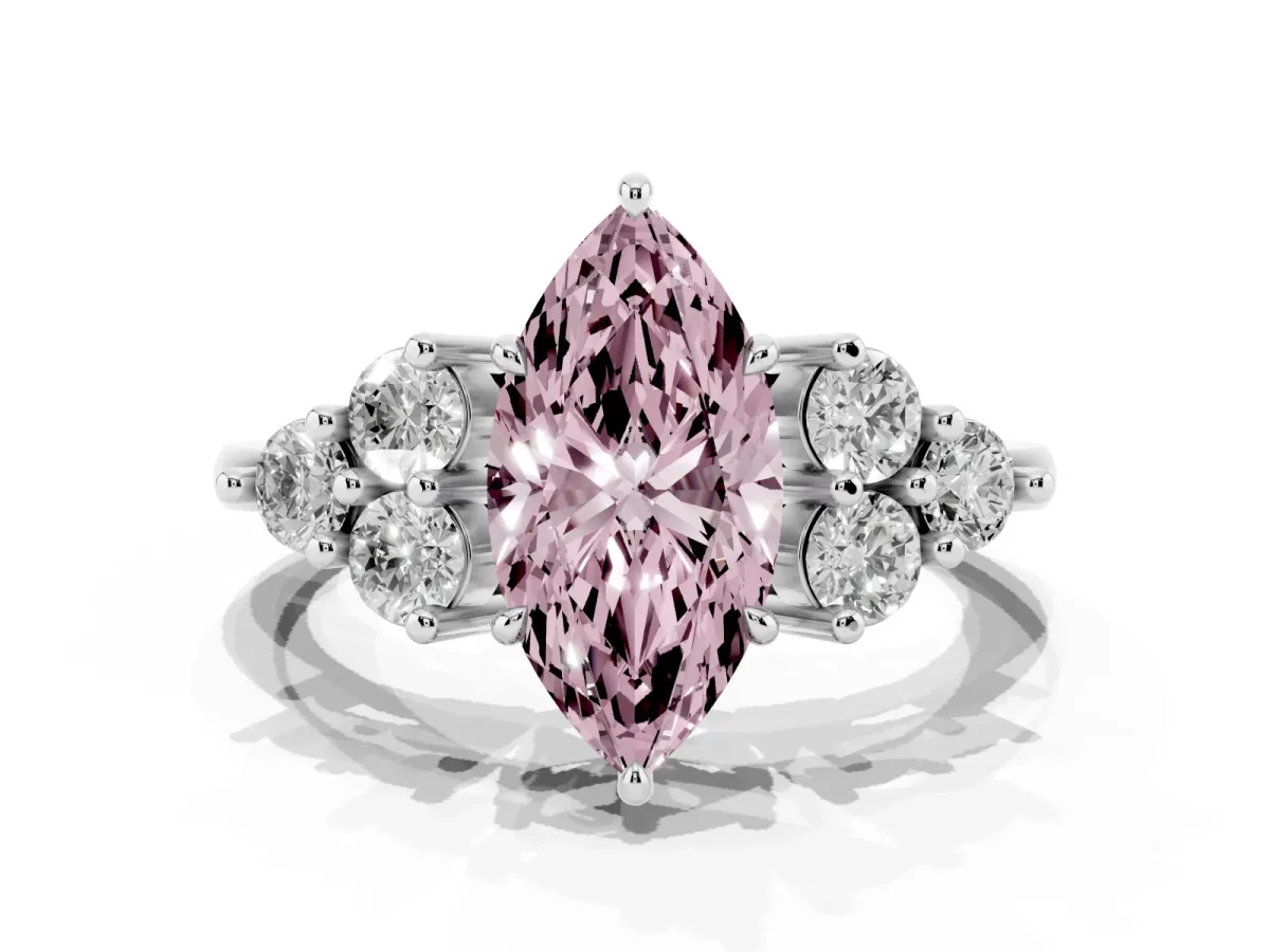 Fancy Pink Marquise Cut Brilliant Diamond Cluster Accent Solitaire Ring with Prong Setting Silver
