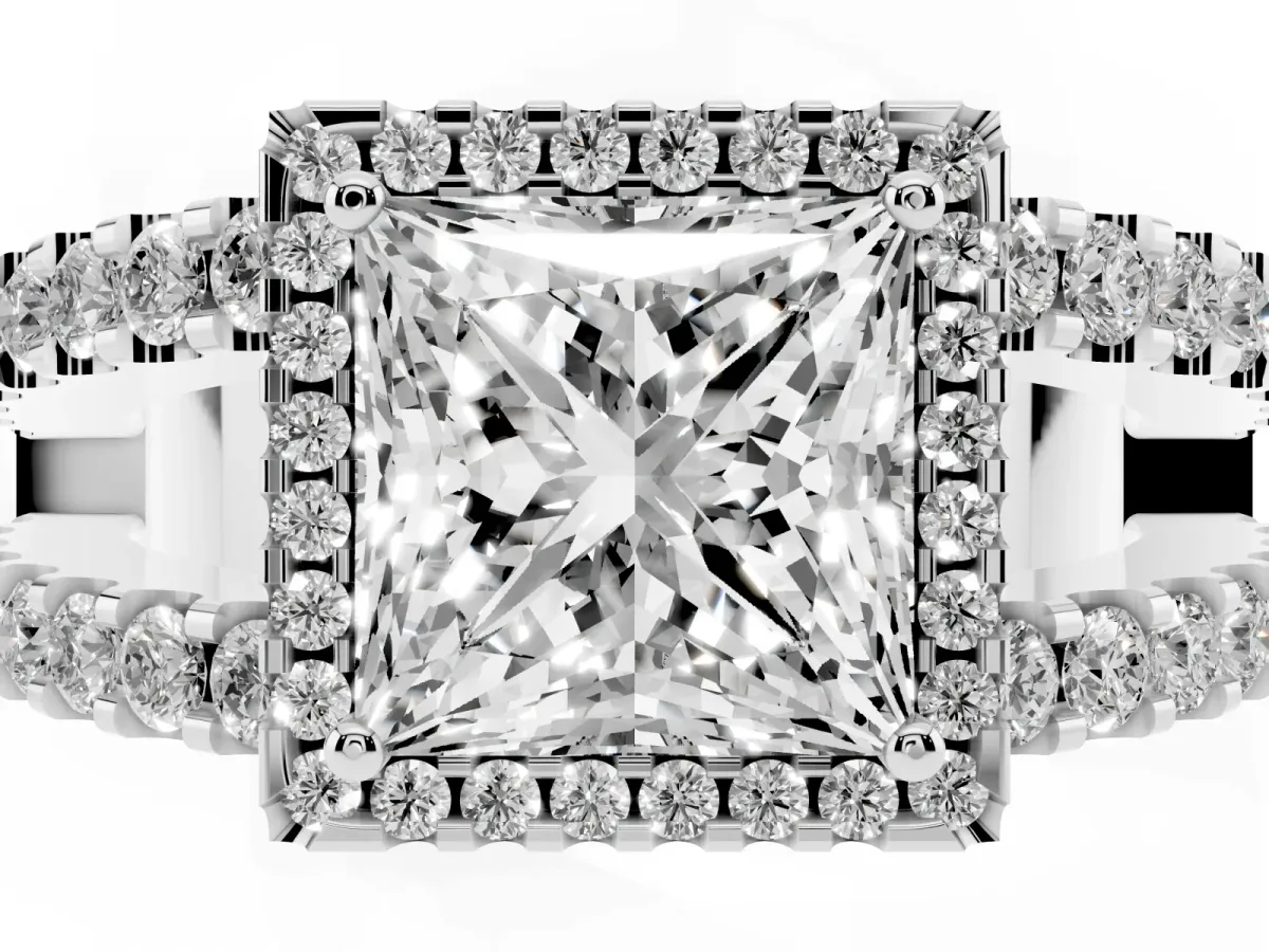 Princess Cut Cut Halo Split Shank Diamond Ring with Four-Prong Setting Platinum