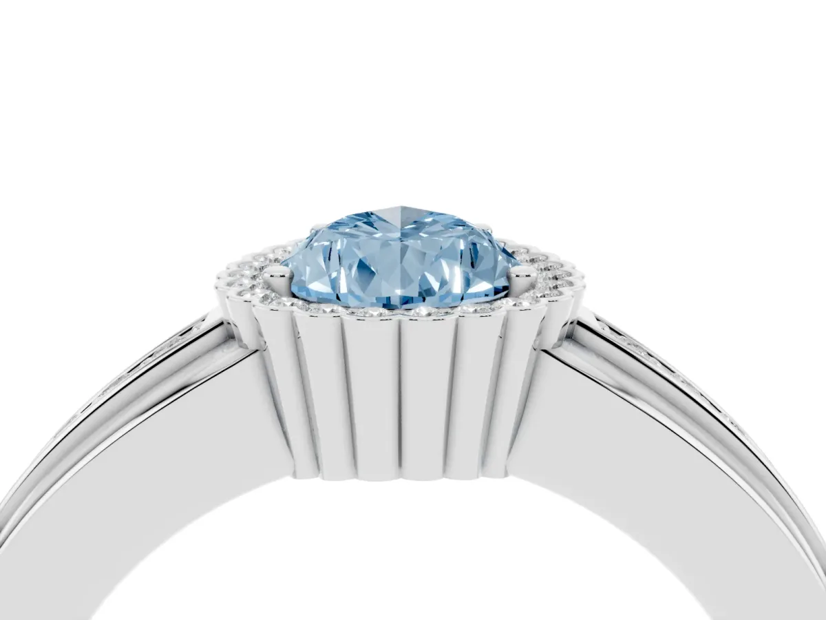 Fancy Blue Pear Cut Cut Halo Pave Band Four-Prong Ring Silver