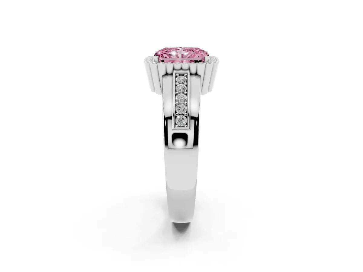 Fancy Pink Radiant Cut Cut Halo Pave Band Four-Prong Ring Silver