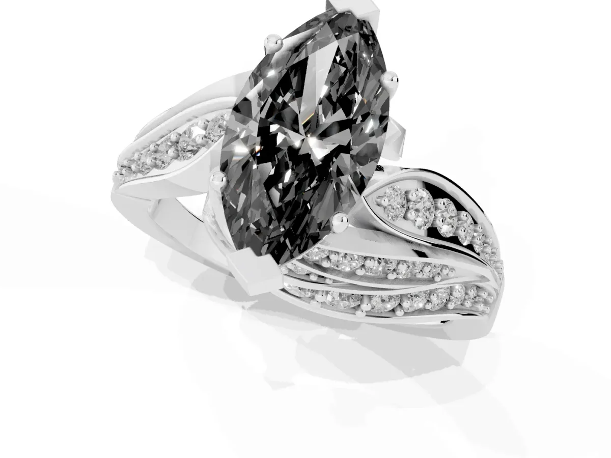 Fancy Black Marquise Cut Diamond Solitaire Ring with Prong Setting and Twisted Pavé Band Silver