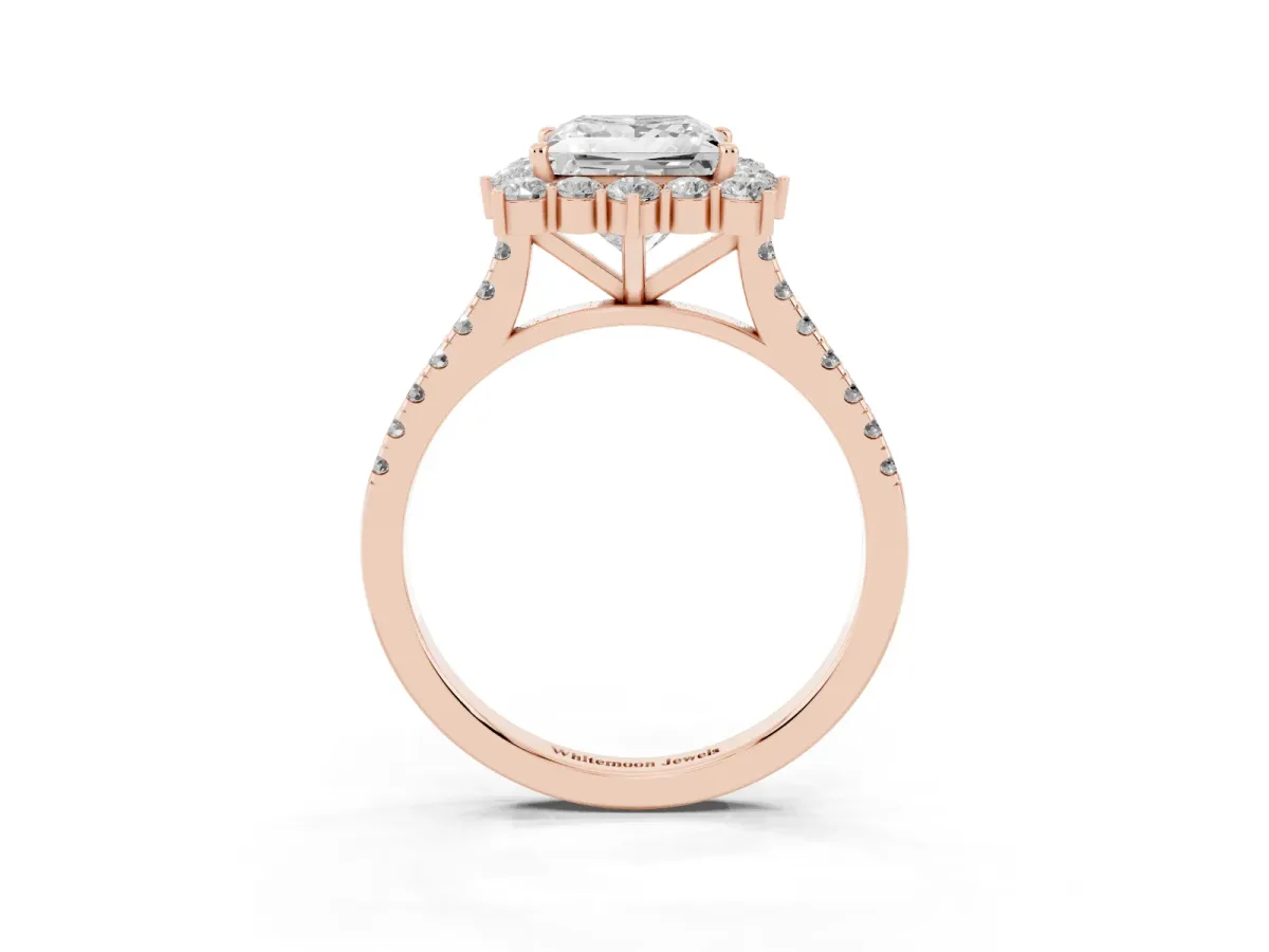 Princess Cut Halo Diamond Ring with Pavé Band and Prong Setting Rose gold