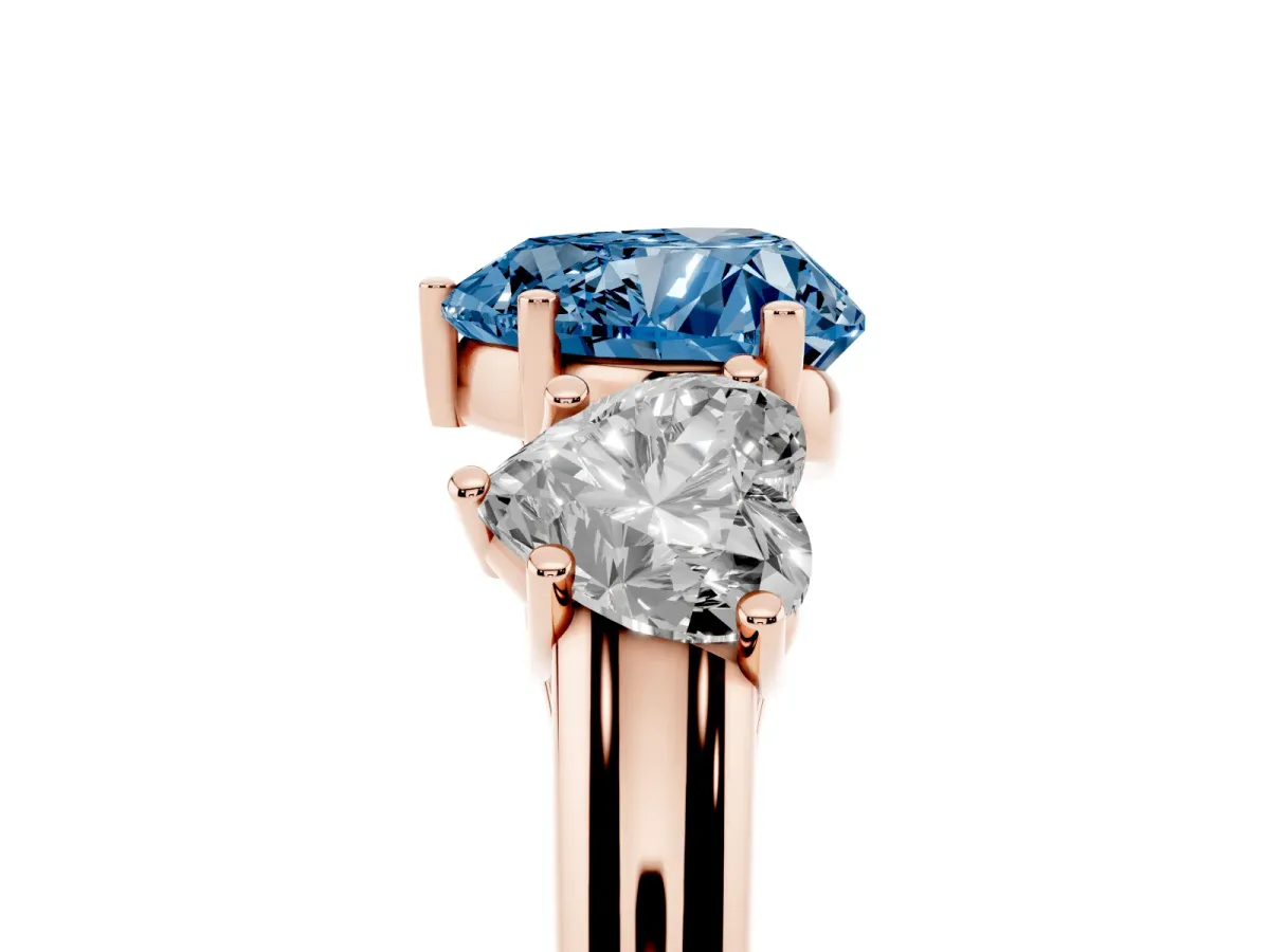 Fancy Blue Three-Stone Heart Cut Diamond Engagement Ring with Prong Setting Rose gold