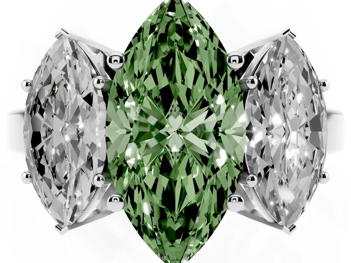 Fancy Green Three-Stone Marquise Cut Cut Diamond Engagement Ring with Flat Band and Four-Prong Setting Silver