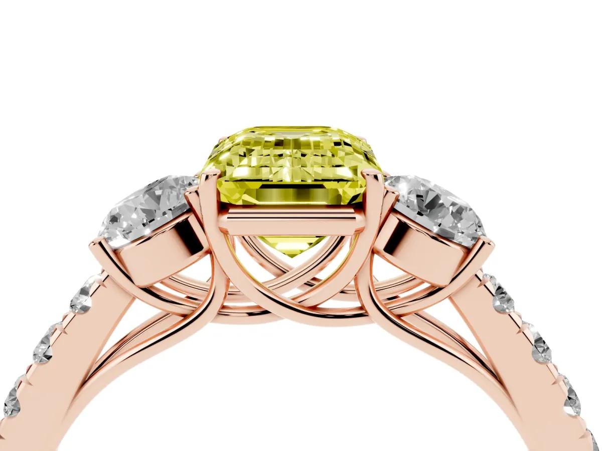 Fancy Yellow Emerald Cut Cut Diamond Three-Stone Ring with Round Side Stones and Pavé Band Rose gold