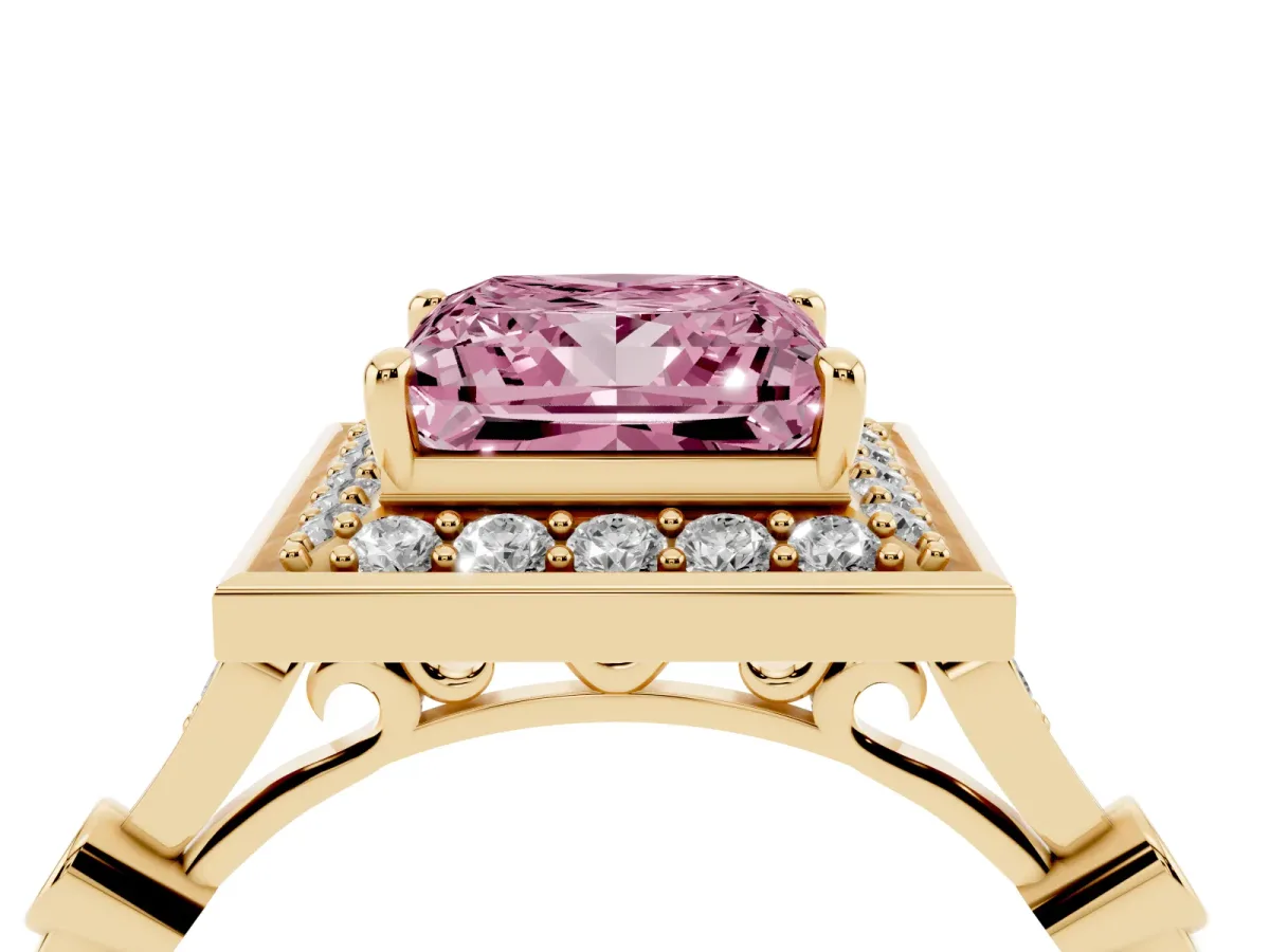 Fancy Pink Princess Cut Halo Diamond Engagement Ring with Twisted Band and Four-Prong Setting Yellow gold