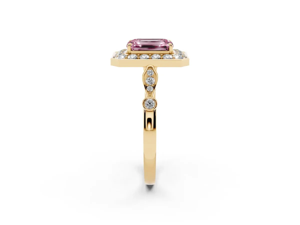 Fancy Pink Emerald Cut Halo Diamond Engagement Ring with Twisted Band and Four-Prong Setting Yellow gold