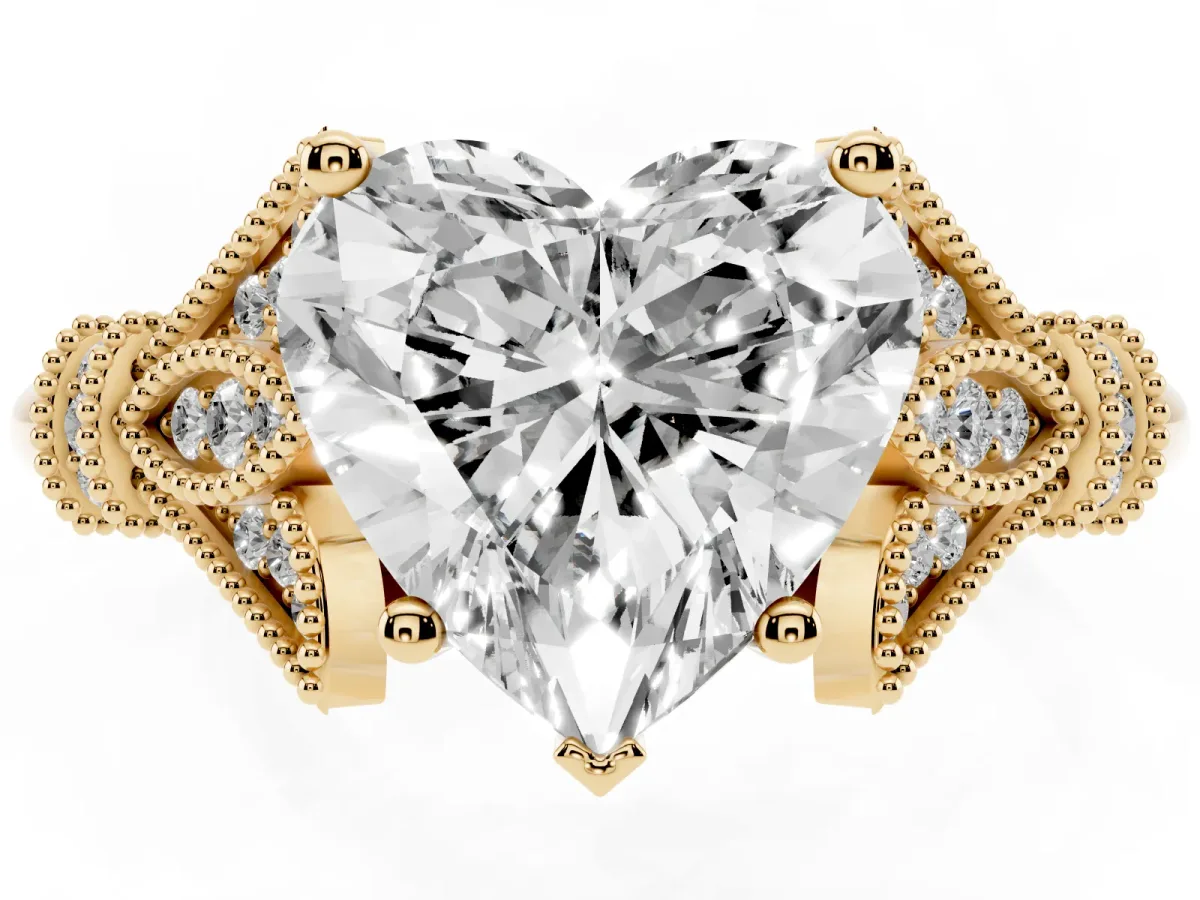 Heart Cut Diamond Solitaire Ring with Floral Filigree and Pave Accents Yellow gold