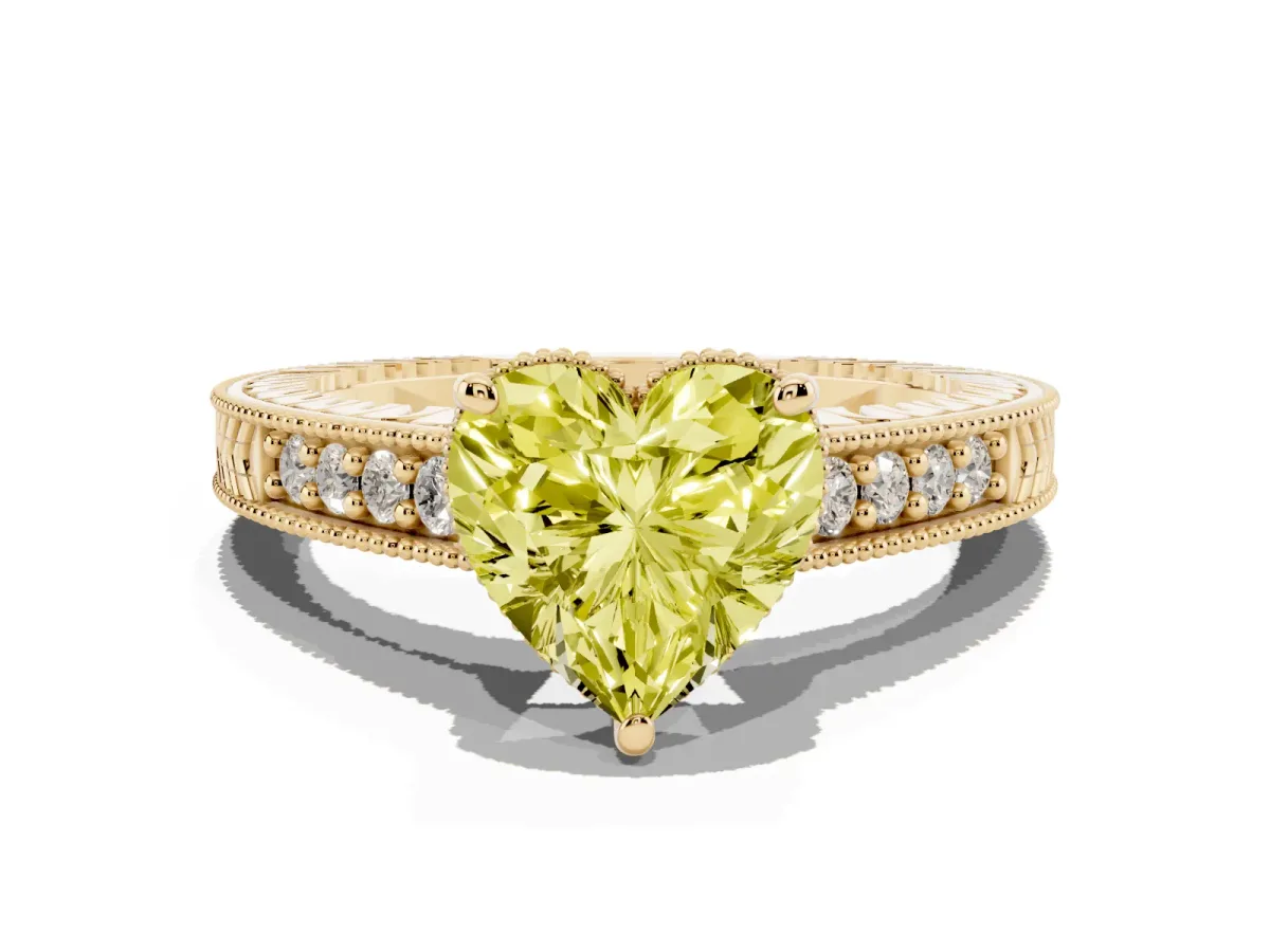 Fancy Yellow Heart Cut Solitaire Pavé Diamond Milgrain Engagement Ring with Four-Prong Setting Yellow gold