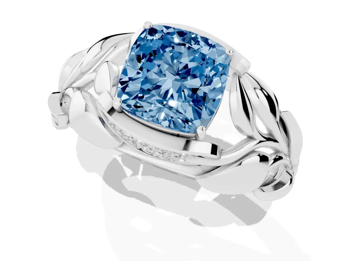 Fancy Blue Cushion Cut Diamond Leaf-Inspired Engagement Ring with Round Accents and Prong Setting Silver