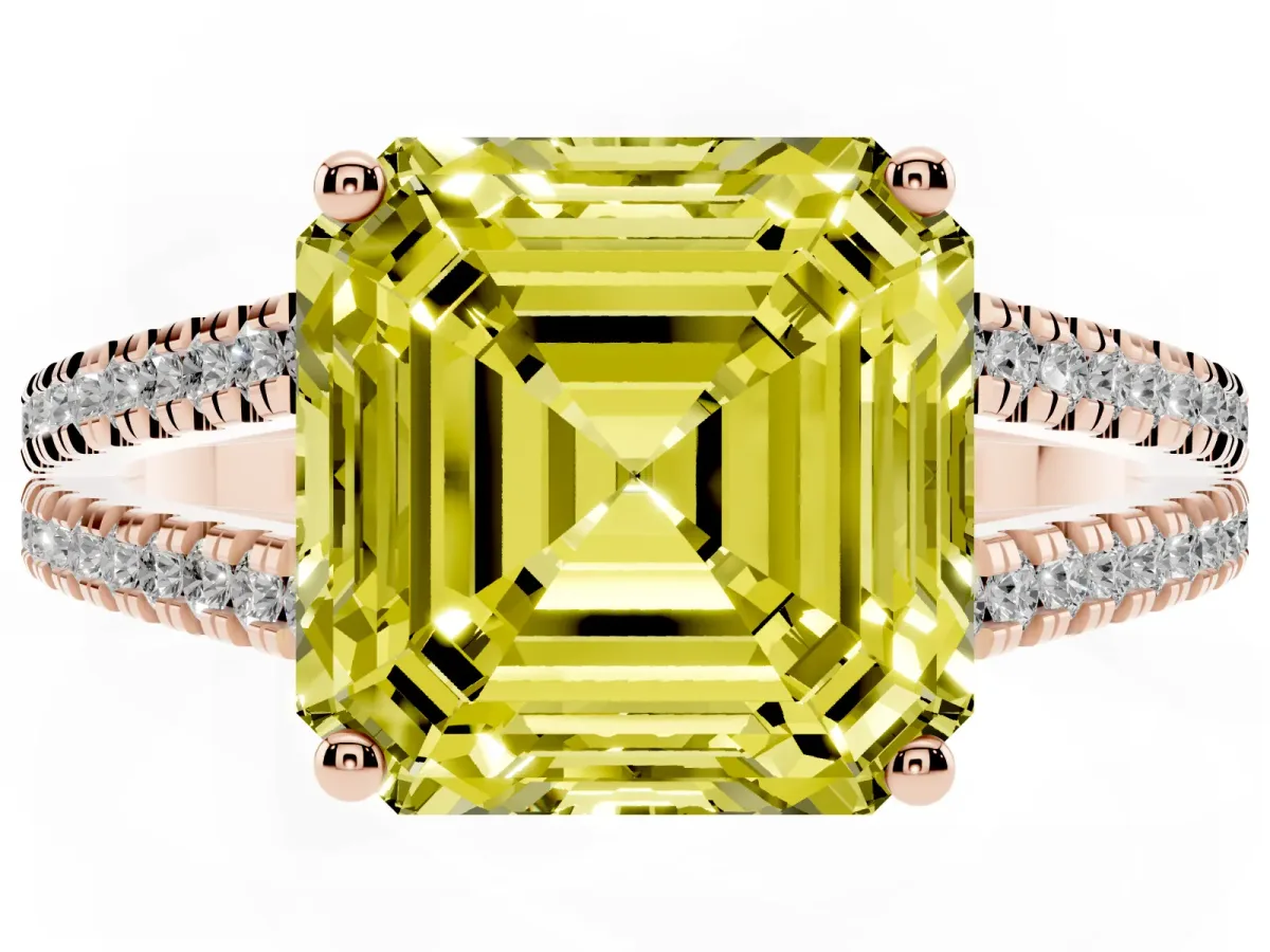 Fancy Yellow Asscher Cut Diamond Solitaire Engagement Ring with Split Shank Pavé Band Rose gold