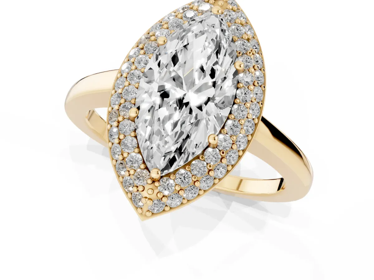 Marquise Cut Halo Diamond Engagement Ring with Solitaire Band and Four-Prong Setting Yellow gold