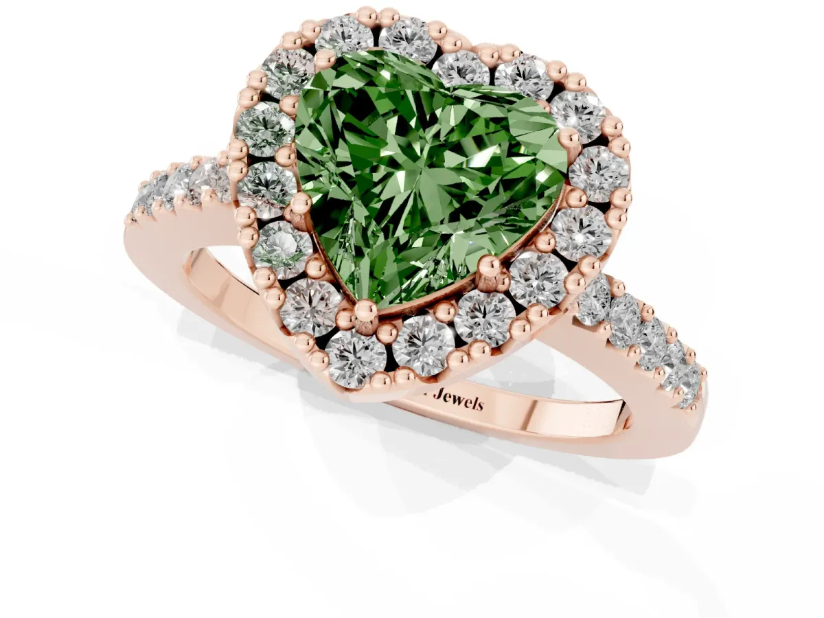 Fancy Green Heart Cut Halo Diamond Pavé Solitaire Ring Rose gold