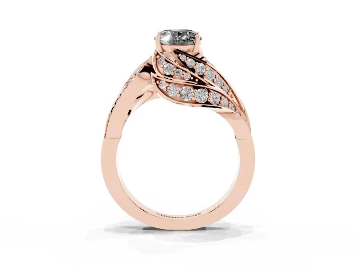 Fancy Black Oval Cut Diamond Solitaire Ring with Prong Setting and Twisted Pavé Band Rose gold