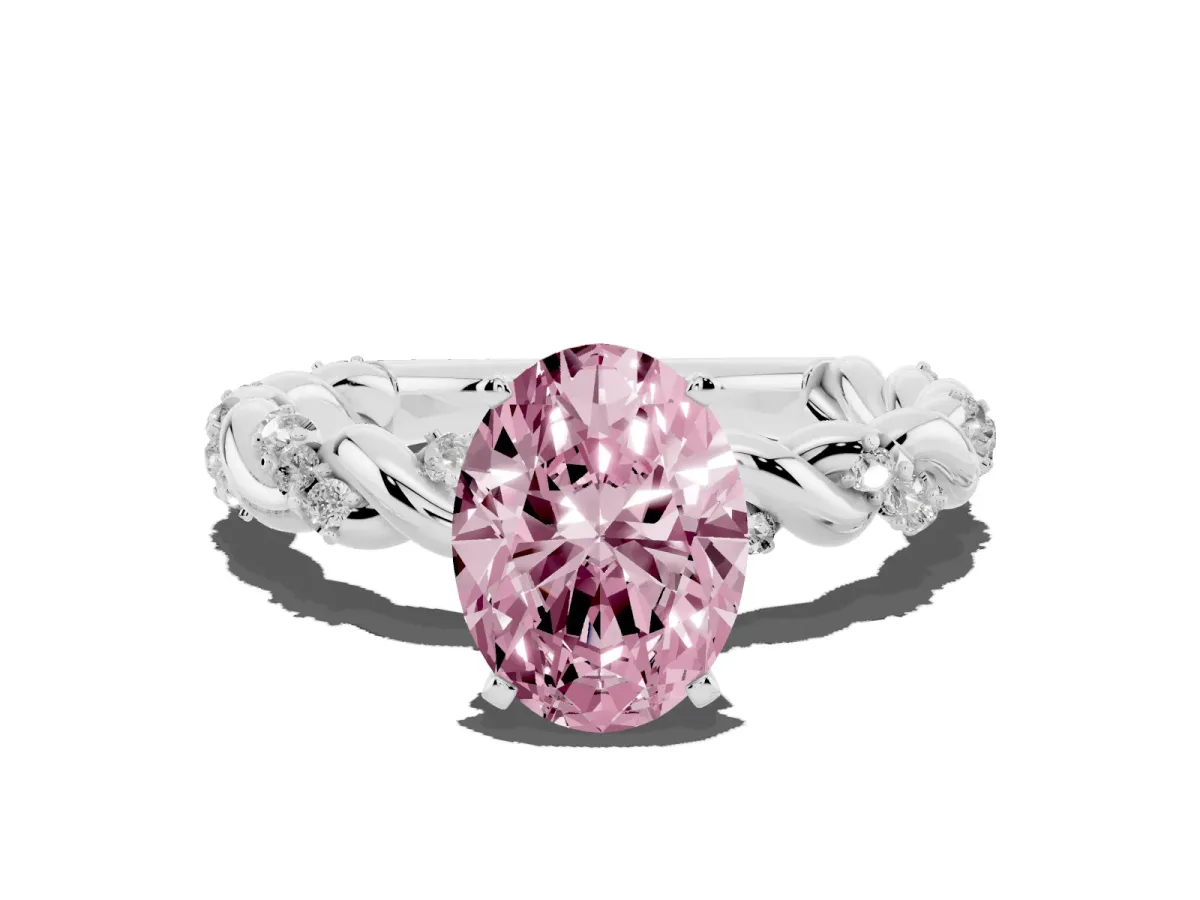 Fancy Pink Oval Cut Diamond Solitaire Ring with Twisted Band and Pavé Accents Silver