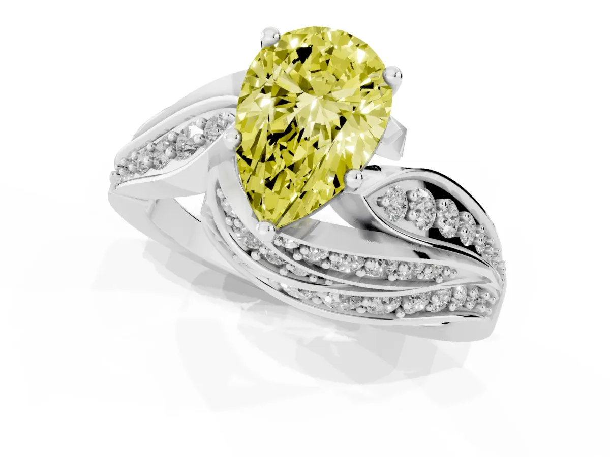 Fancy Yellow Pear Cut Diamond Solitaire Ring with Prong Setting and Twisted Pavé Band Silver