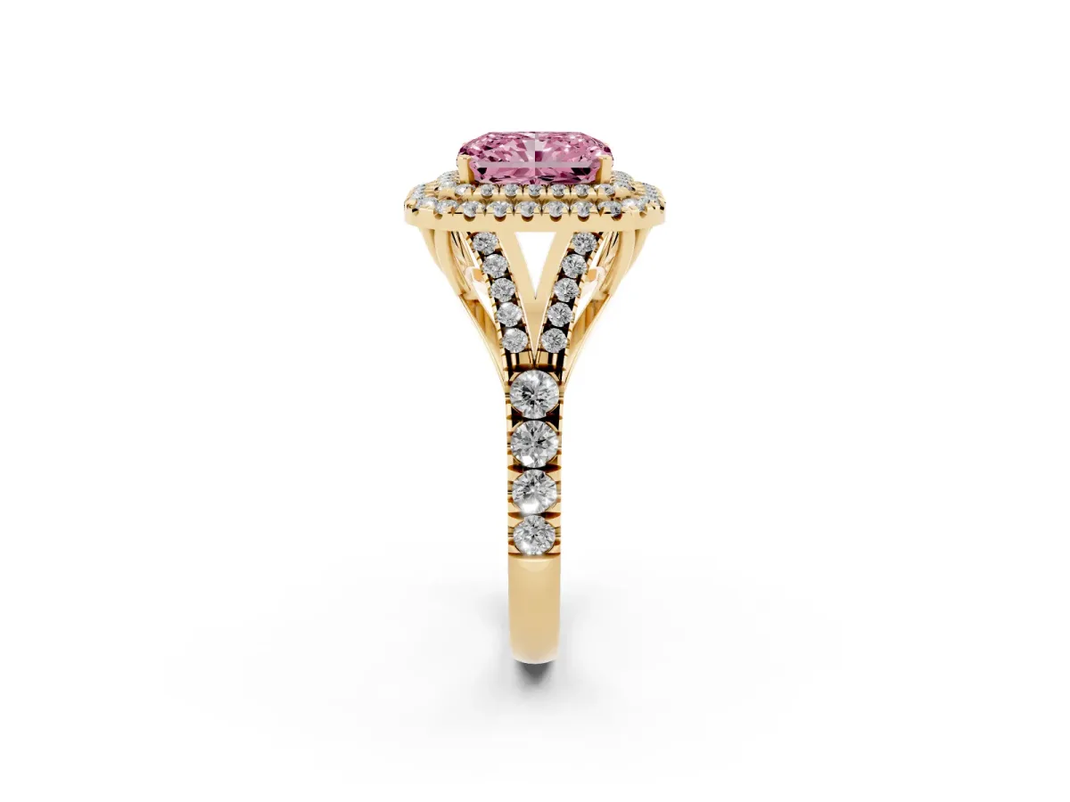 Fancy Pink Radiant Cut Diamond Pavé Split Shank Double Halo Engagement Ring Yellow gold