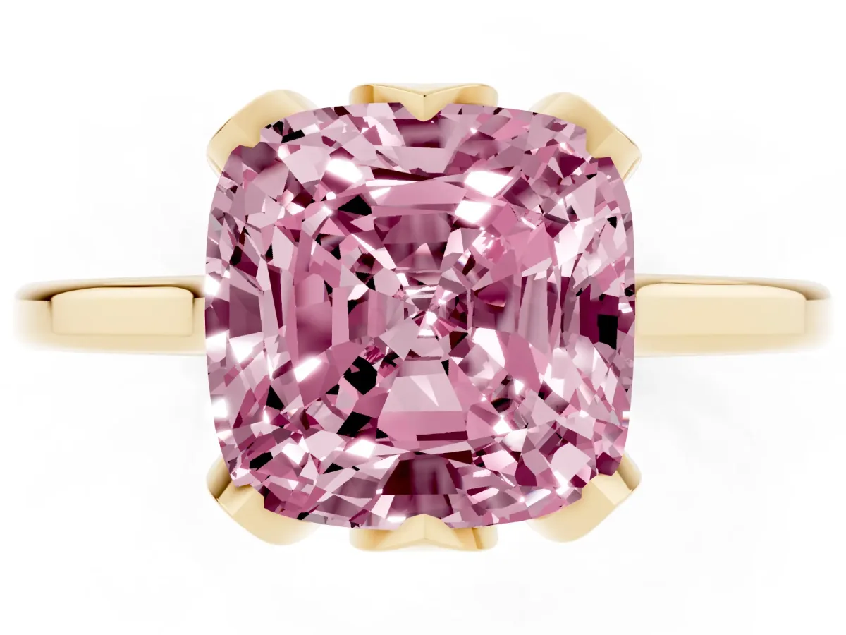 Fancy Pink Cushion Cut Diamond Solitaire Ring with Flower Prong Setting and Classic Band Yellow gold