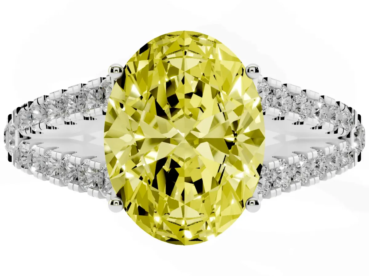 Fancy Yellow Oval Cut Diamond Split Shank Pavé Engagement Ring with Four-Prong Setting White gold
