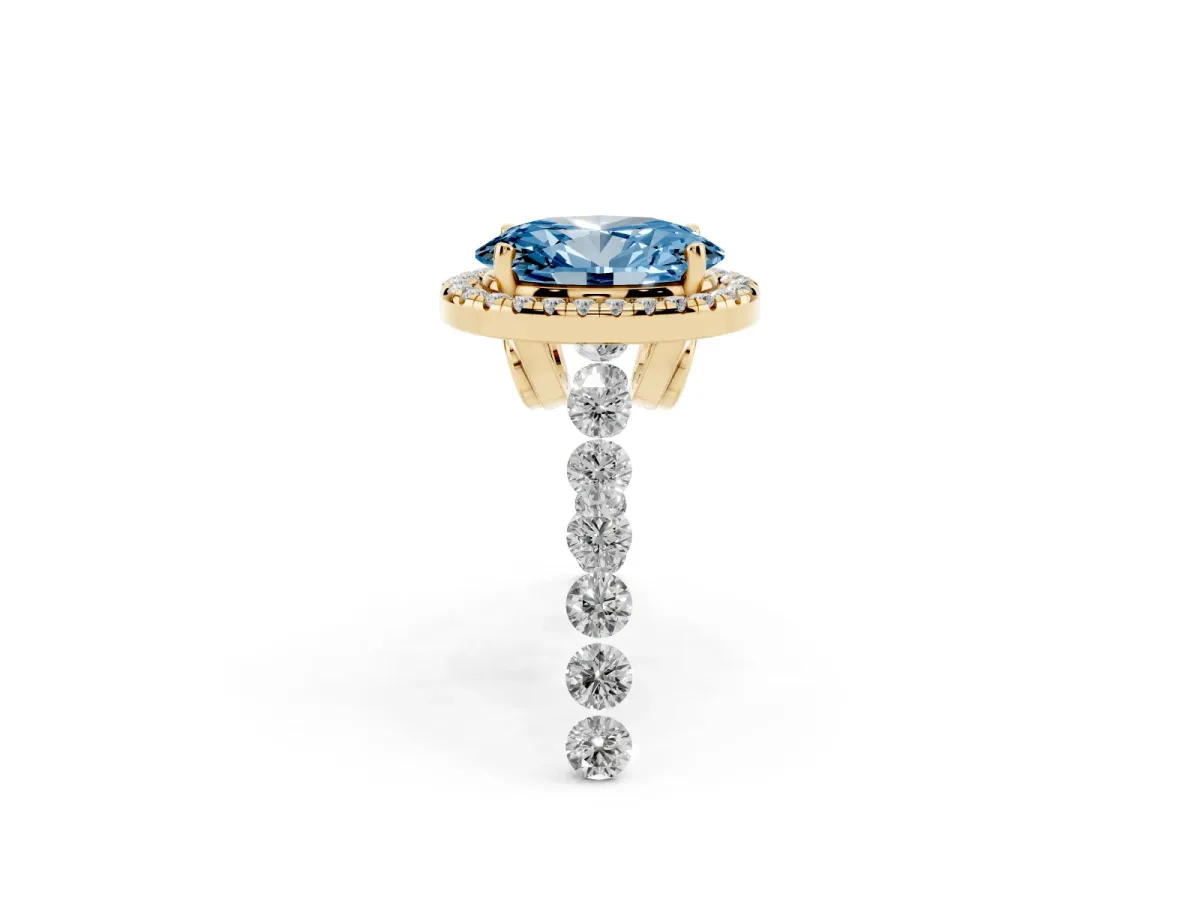 Fancy Blue Oval Cut Halo Pavé Diamond Engagement Ring with Four-Prong Setting Yellow gold