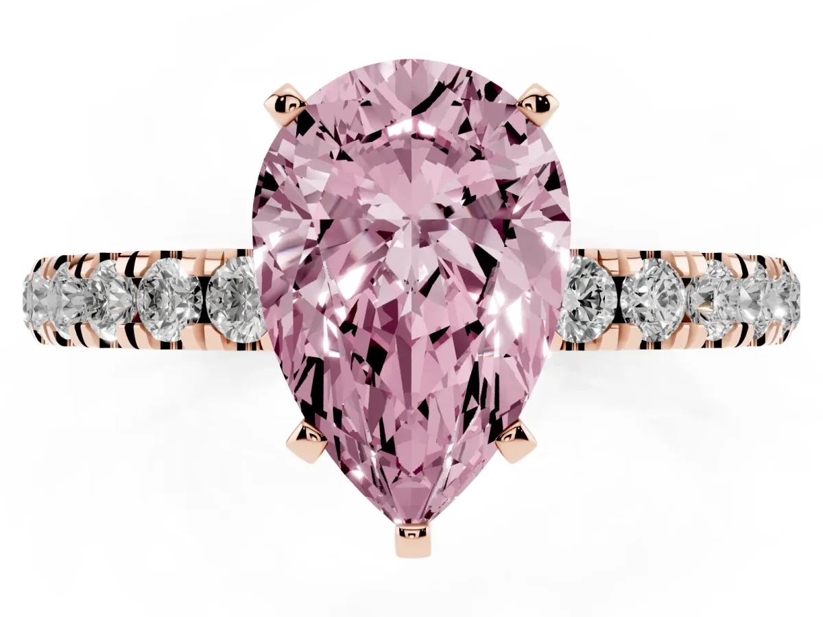 Fancy Pink Pear Cut Diamond Solitaire Ring with Pavé Accents and Four-Prong Setting Rose gold