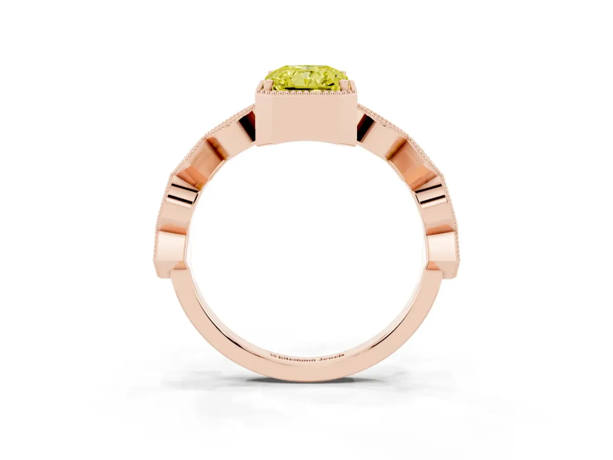 Fancy Yellow Radiant Cut Milgrain Marquise Diamond Twist Band Ring Rose gold