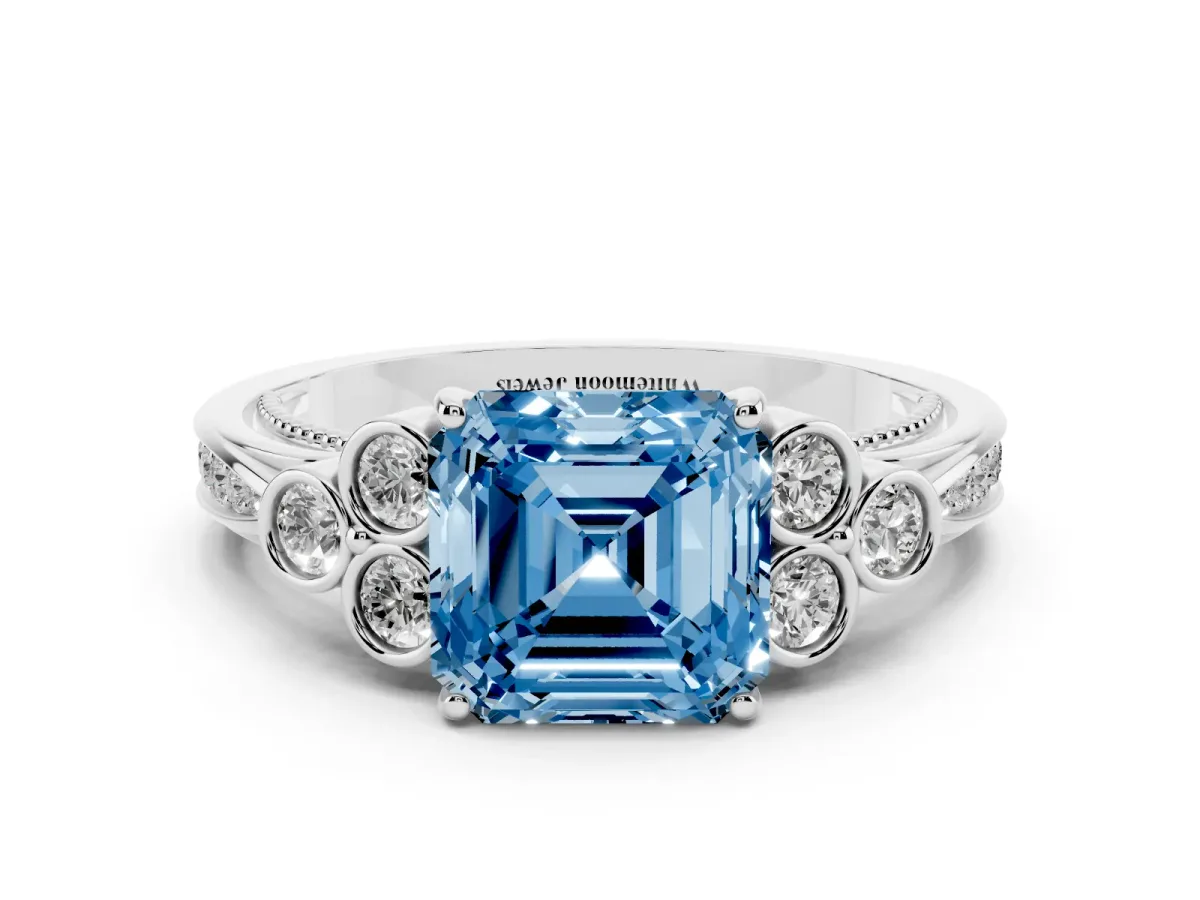 Fancy Blue Asscher Cut Cut Diamond Engagement Ring with Bezel Set Round Side Stones and Prong Setting Platinum