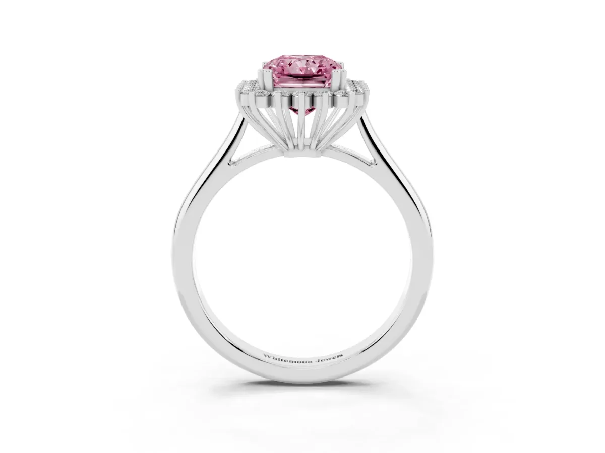 Fancy Pink Radiant Cut Cut Diamond Halo Ring with Solitaire Band and Prong Setting Platinum