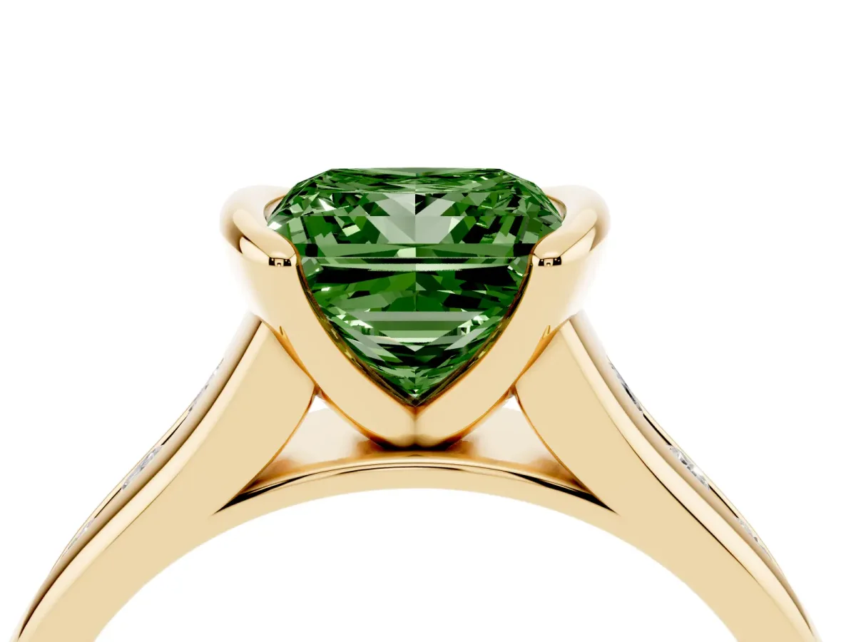 Fancy Green Princess Cut Solitaire Bezel-Set Diamond Ring with Channel-Set Band Yellow gold