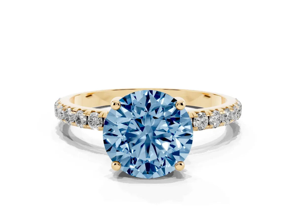 Fancy Blue Round Cut Cut Diamond Solitaire Ring with Micro Pave Band and Four Prong Setting Yellow gold