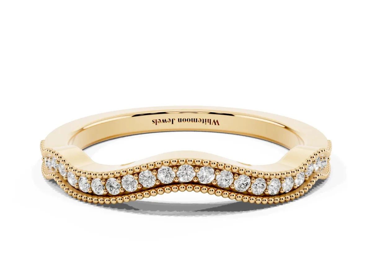 Pavé Round Diamond Curved Milgrain Band Yellow gold