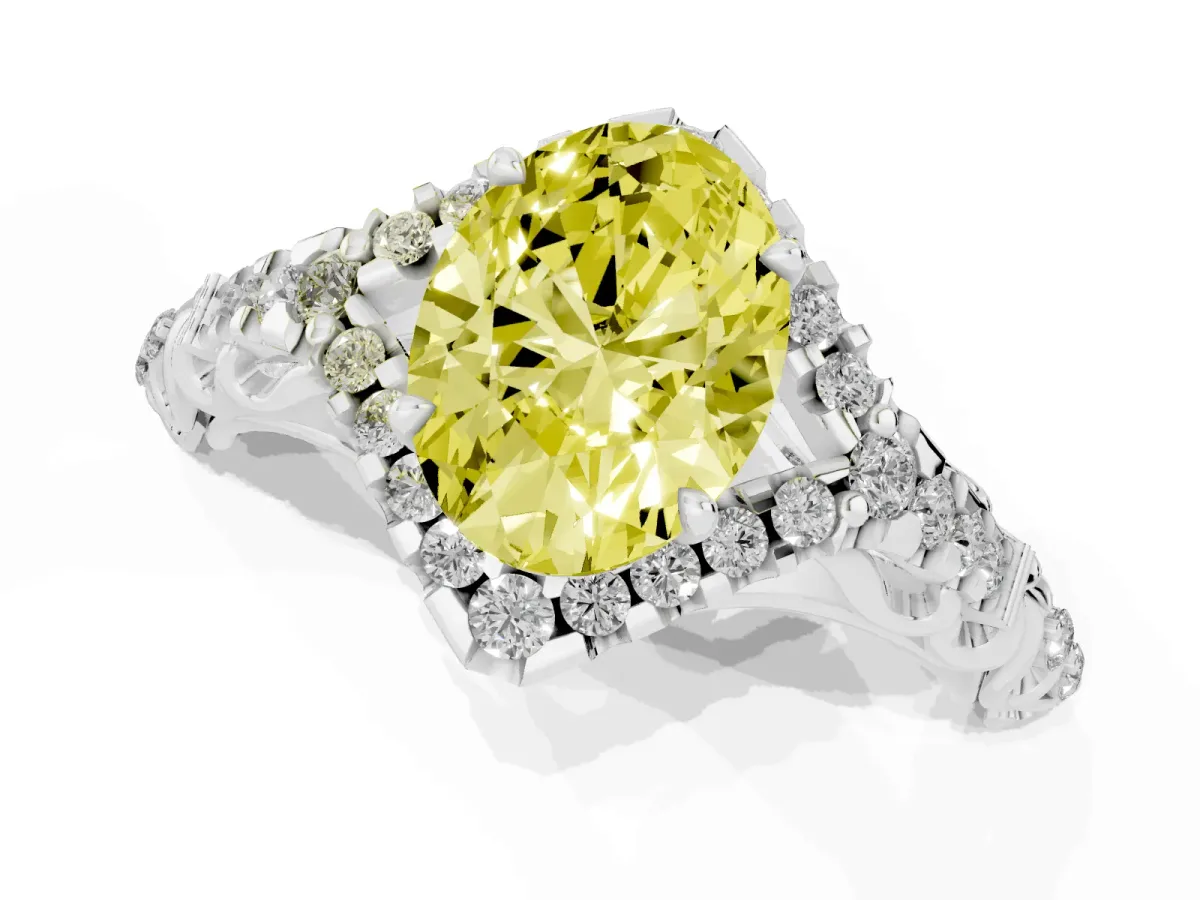 Fancy Yellow Oval Cut Diamond Solitaire Ring with Hidden Halo and Pavé Band Silver
