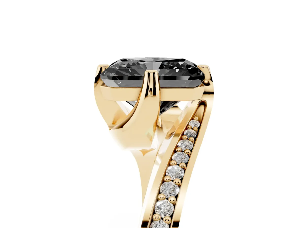 Fancy Black Radiant Cut Solitaire Diamond Twist Band with Pavé Setting and Four-Prong Setting Yellow gold