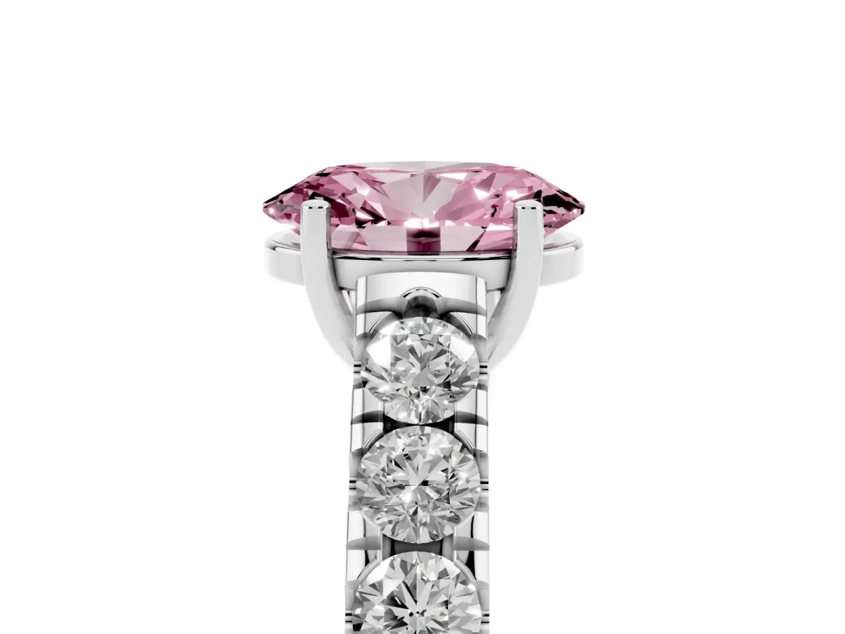 Fancy Pink Oval Cut Cut Diamond Solitaire Ring with Micro Pave Band and Prong Setting Silver